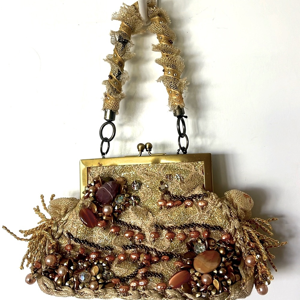 EUC Mary Frances baubles/crystals bead gold lace embellished whimsy purse